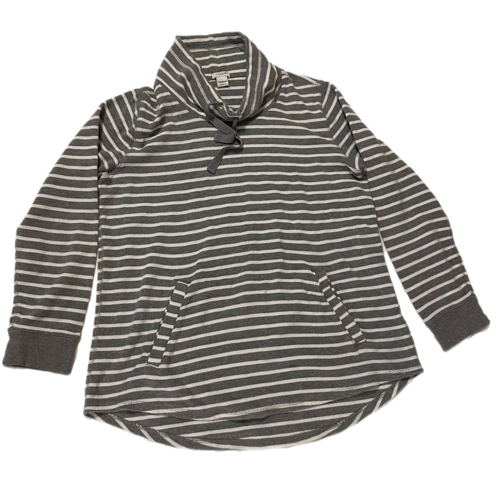 J Crew pullover women’s size large with hoodie pocket and standup collar.